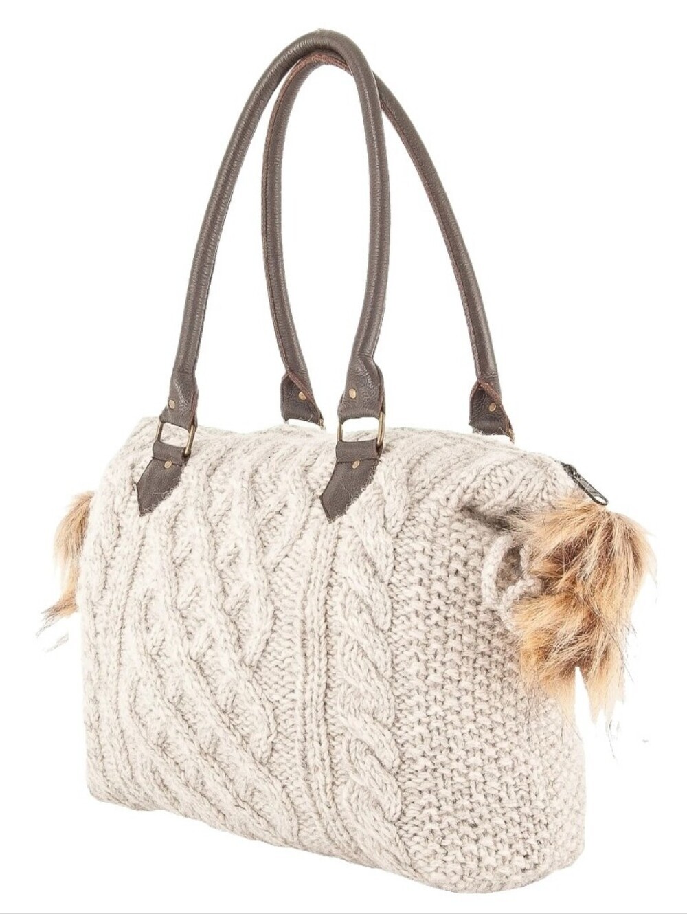 Laundromat Brianna Cream Wool Cable Knit Handbag With Pompom Side Details
